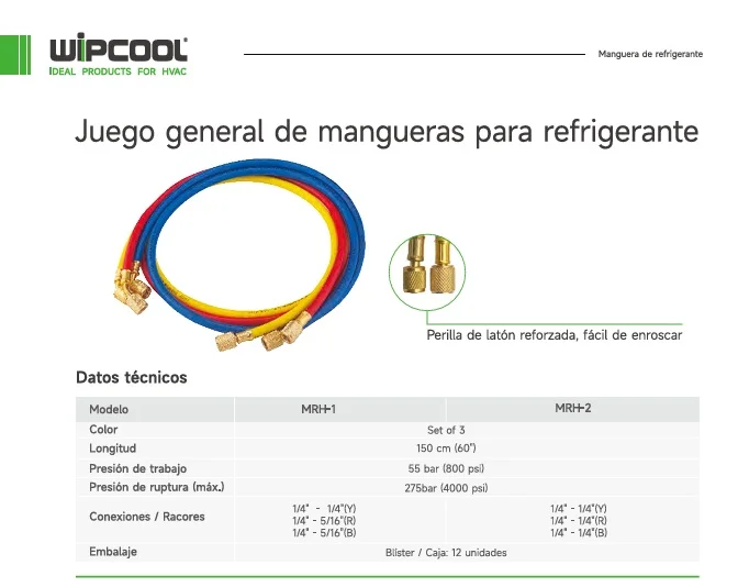 Set de mangueras para manometro 60 pulg 4.000 psi R-410A 1/4" x 5/16" MRH-1 WIPCOOL