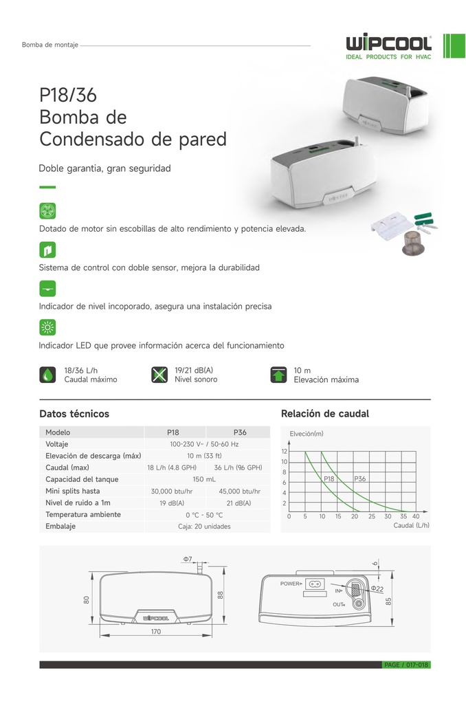 Bomba condensado P18 100-230V 60Hz hasta 30.000 BTU WIPCOOL