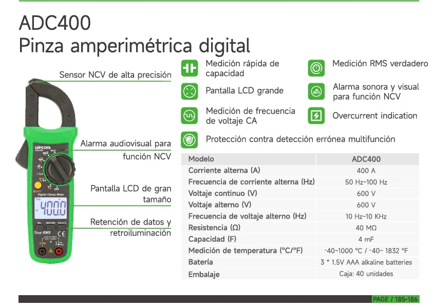 Multimetro digital pinza voltiamperimetrica ADC400 WIPCOOL