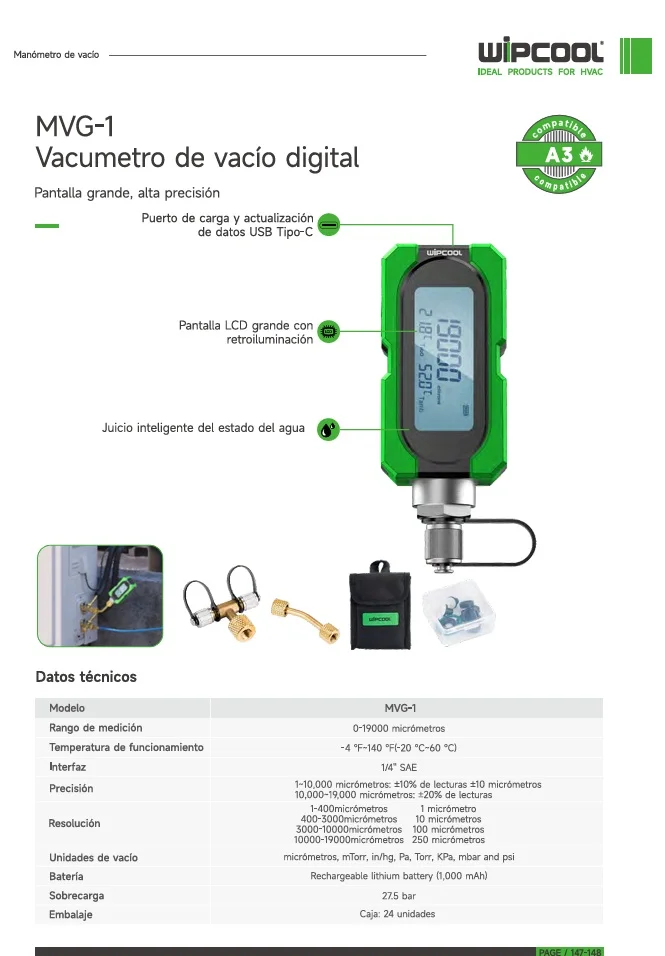 Vacuometro digital 1/4 pulg SAE recargable MVG-1 WIPCOOL
