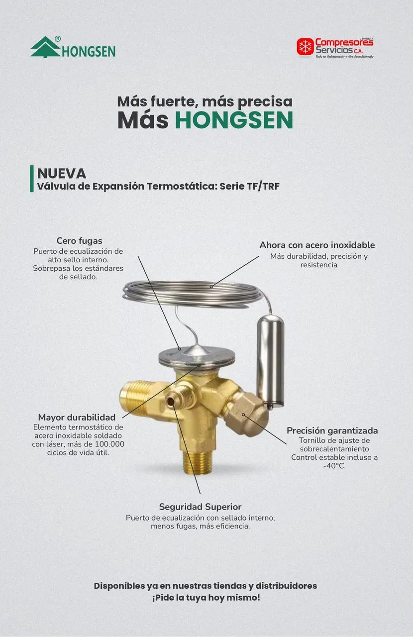 Valvula de expansion acero inoxidable R-404A 9 HP eq ext ODF 5/8 x 7/8 pulg HONGSEN