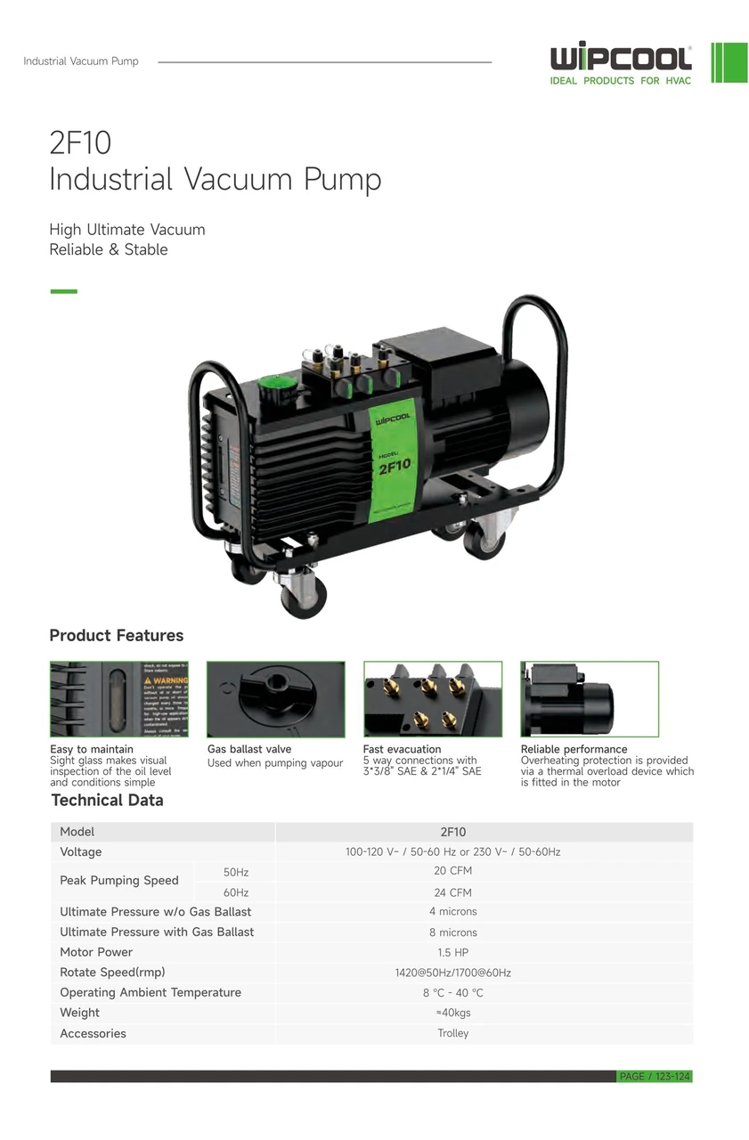 Bomba vacio industrial 1.5 HP 220V 25 CFM 8 micrones 2F10 WIPCOOL