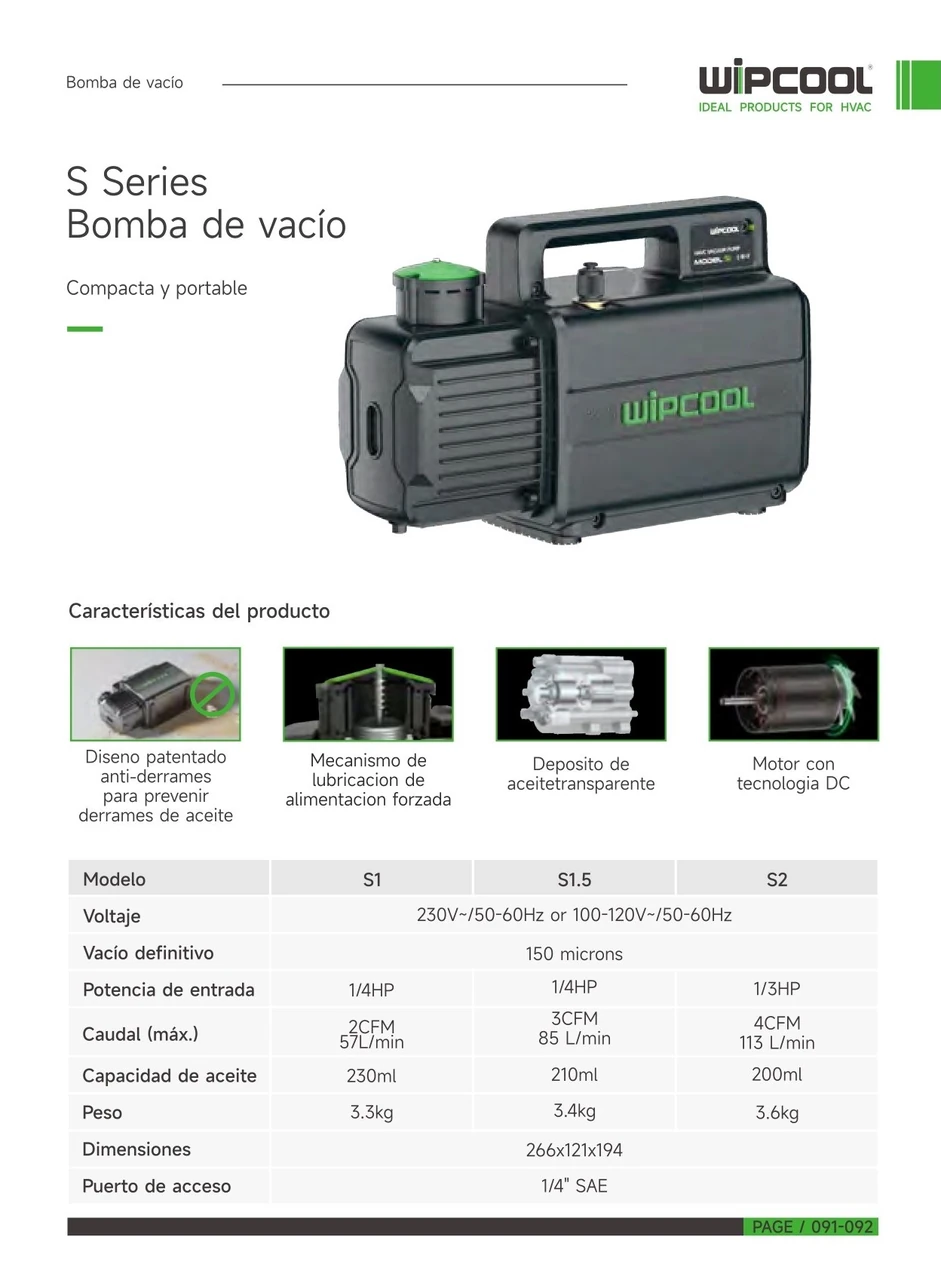 Bomba vacio 1/3 HP 1 etapa 4 CFM 110V 150 micrones S2 WIPCOOL