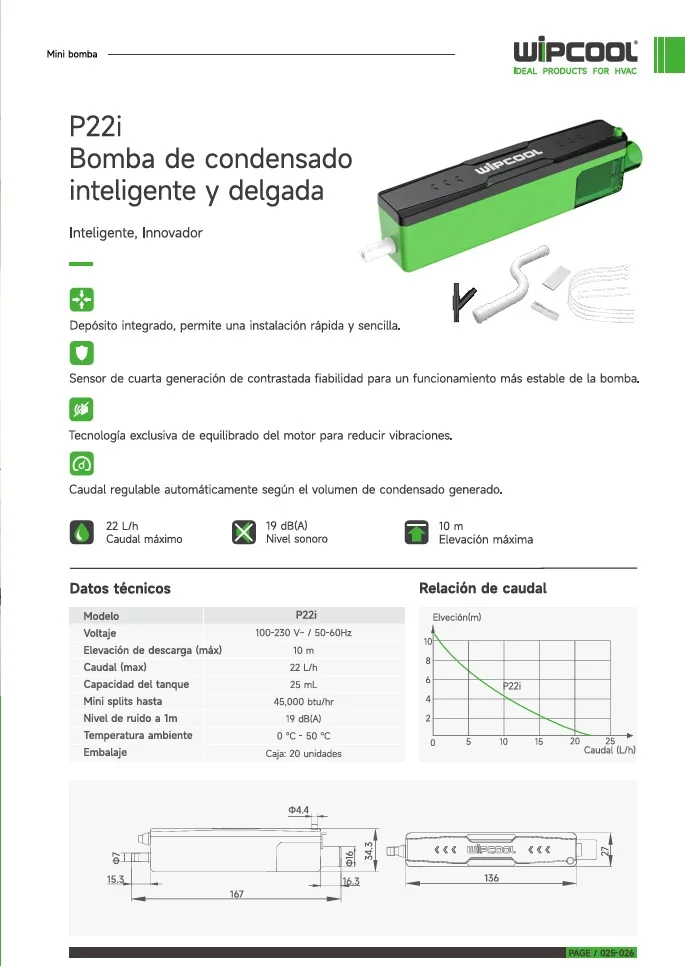 Bomba condensado Inteligente slim 100-230V 60Hz P22i hasta 45.000 BTU WIPCOOL