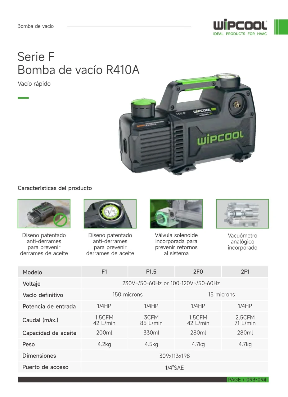 Bomba vacio 1/4 HP 1 etapa 3 CFM 110V 150 micrones F1.5 WIPCOOL