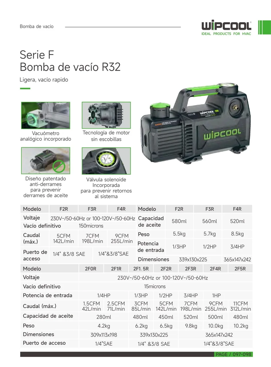 Bomba vacio 3/4 HP 2 etapas 7 CFM A3/A2L 110V 15 micrones 2F3R WIPCOOL