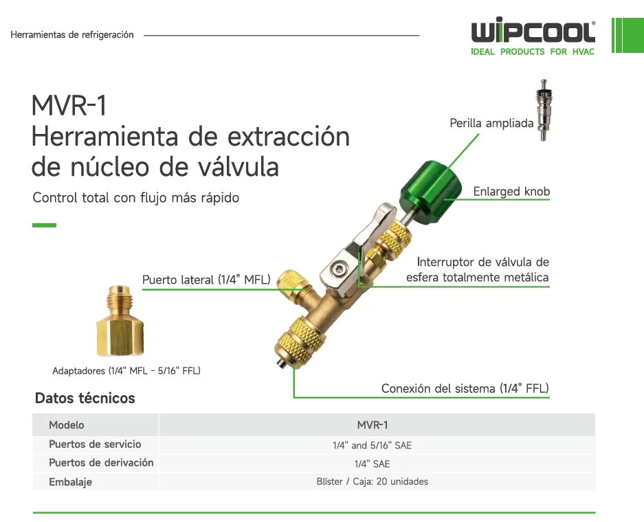 Valvula removedora de gusanillo 1/4 SAE con adaptador 5/16" MVR-1 WIPCOOL