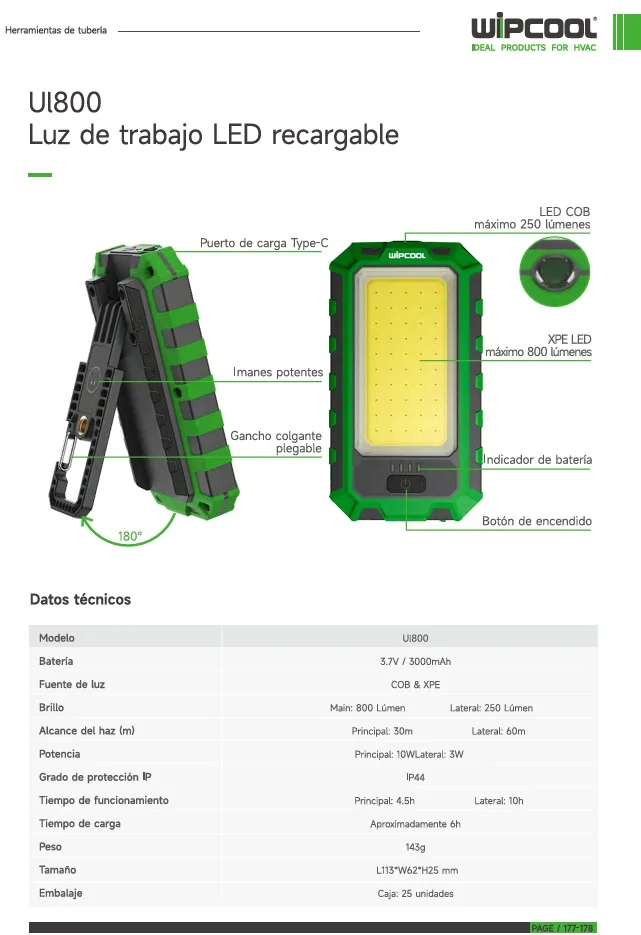 Linterna recargable luz principal 800lm luz lateral 250lm UL800 IP44   WIPCOOL 