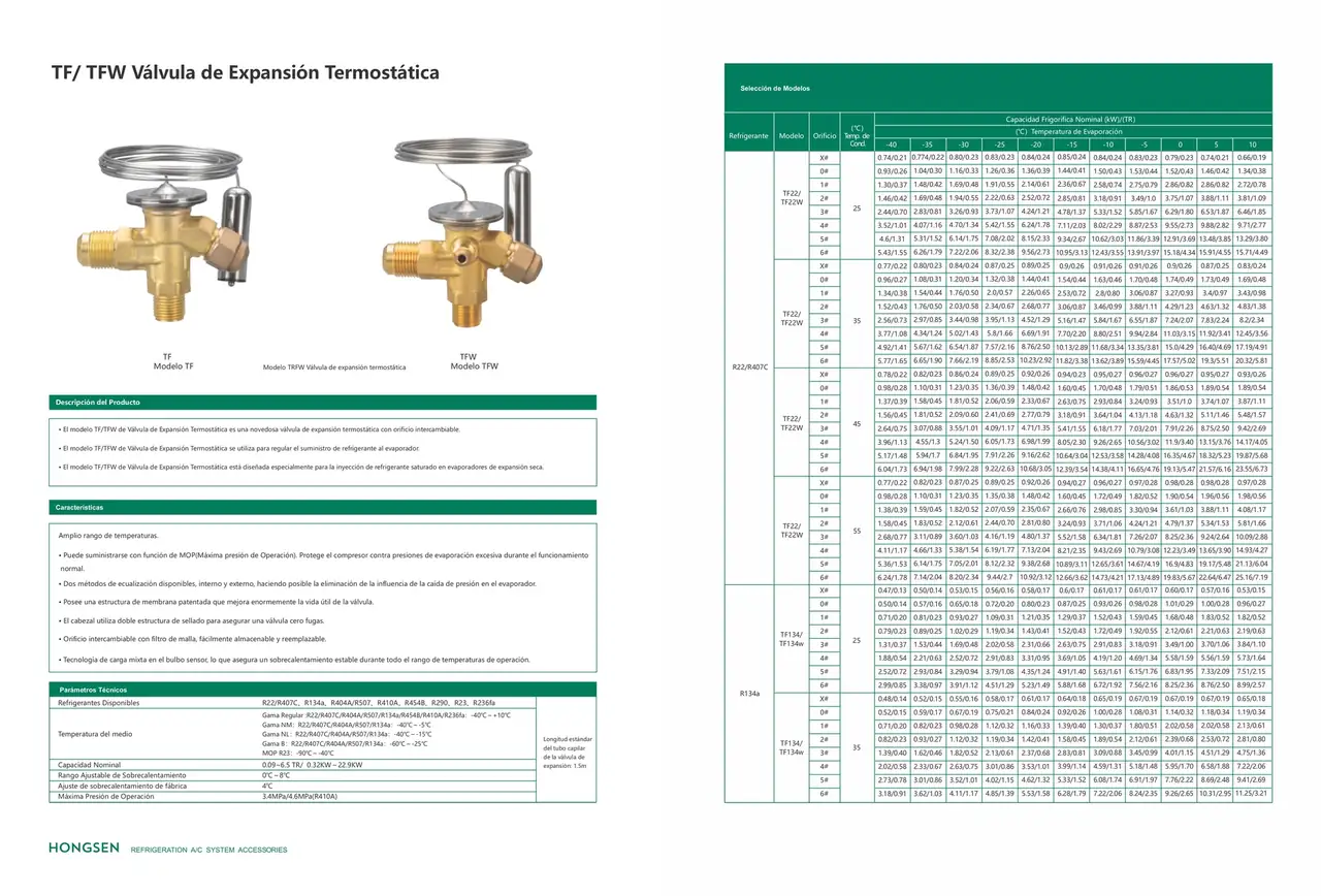 Valvula de expansion acero inoxidable R-404A 1/2 - 4-1/2 HP eq ext SAE TF404W sin orificio HONGSEN