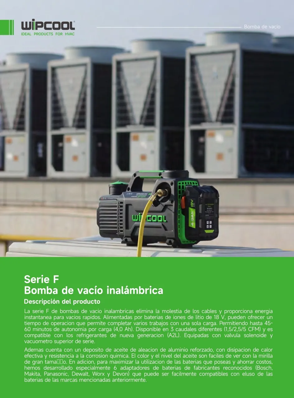 Bomba vacio 1/2 HP 2.5 CFM A3/A2L 18V 15 micrones con vacoumetro 2F2BR WIPCOOL