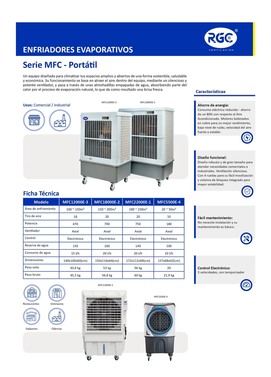 Enfriador evaporativo 100 - 150m² 110V 150 Lts MFC12000E-3 RGC