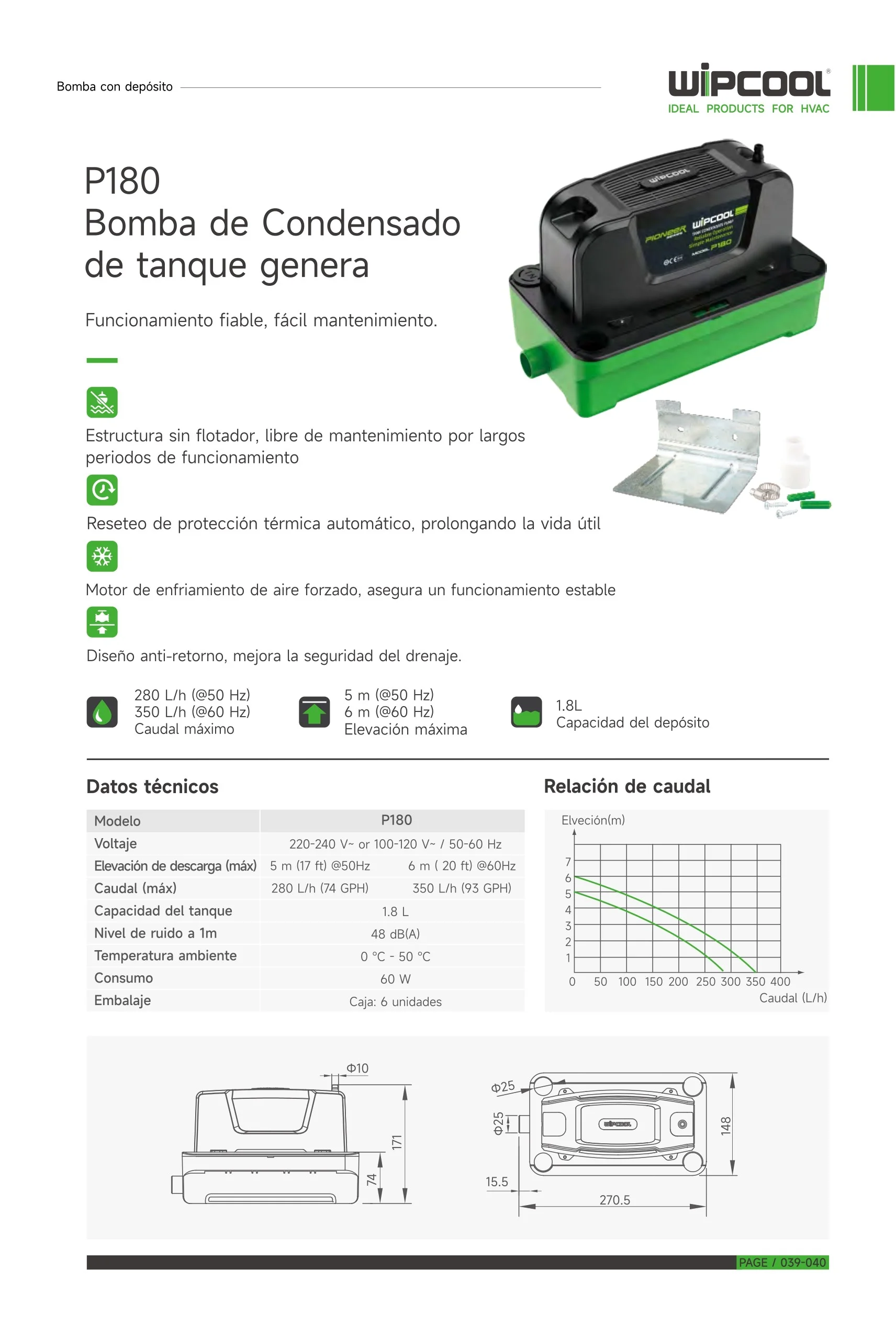 Bomba condensado P180 127V 60Hz hasta 400.000 BTU 1.8L WIPCOOL