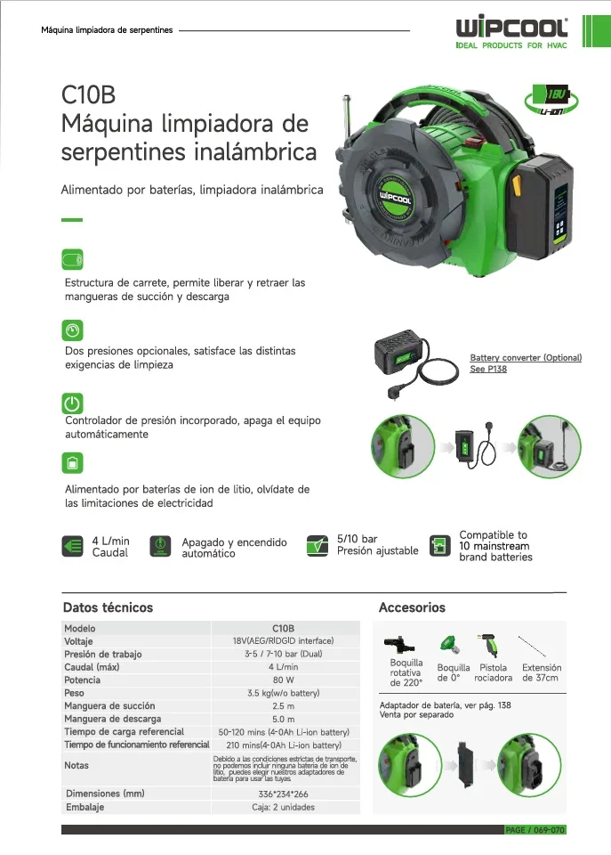 Bomba hidrolimpiadora 3-5 bar 4L/m 18V C10B WIPCOOL