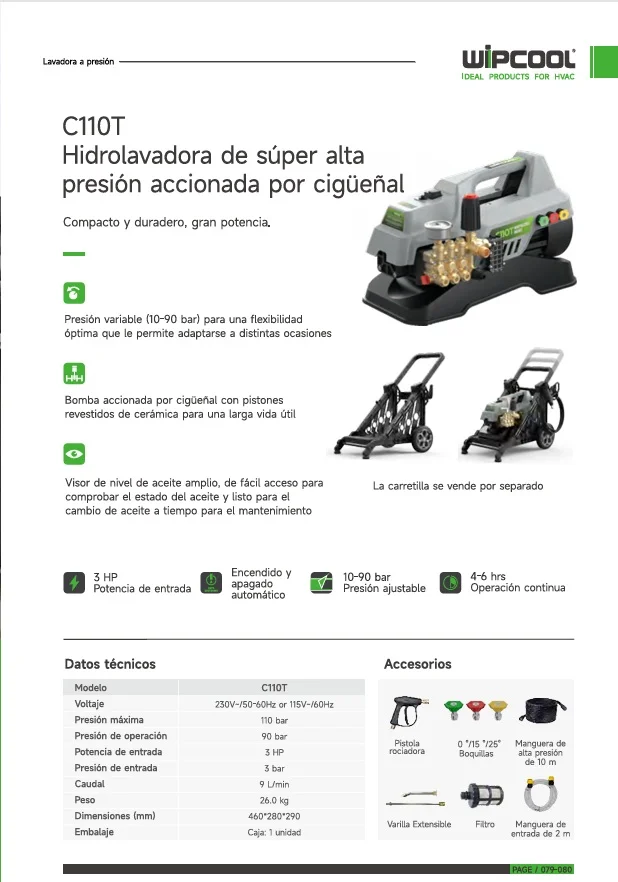 Bomba hidrolimpiadora 10-90 bar 9L/m 110V C110T WIPCOOL