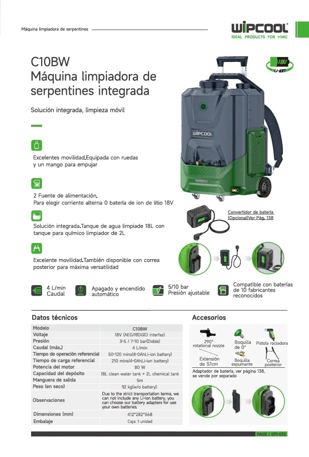 Bomba hidrolimpiadora tanque 18L para agua tanque 2L para quimico C10BW SIN BATERIA WIPCOOL