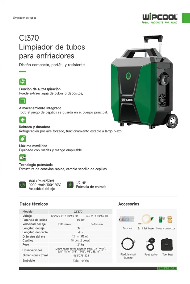 Baqueteadora limpiadora de tubos Chiller 110V CT370 WIPCOOL