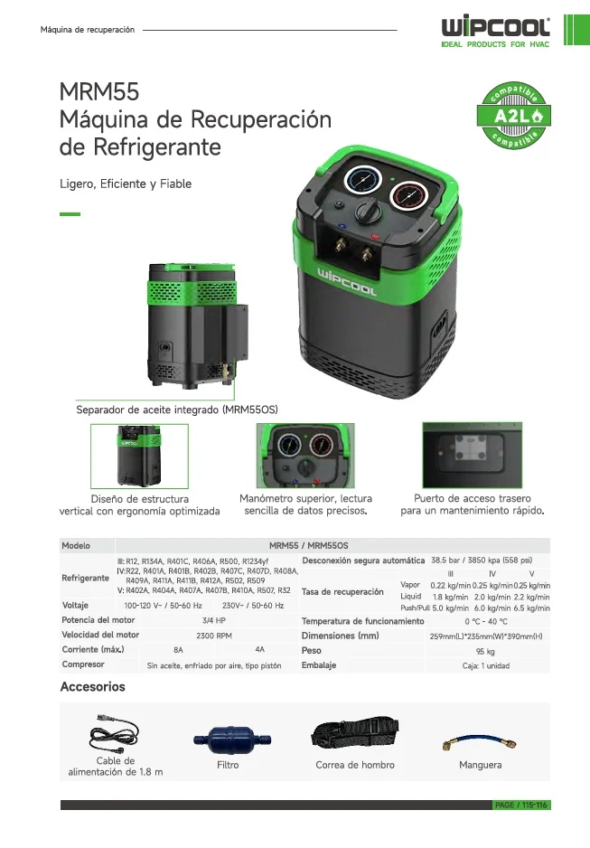 Máquina recuperadora refrigerante 3/4 HP A2L/A3 110V MRM55 WIPCOOL
