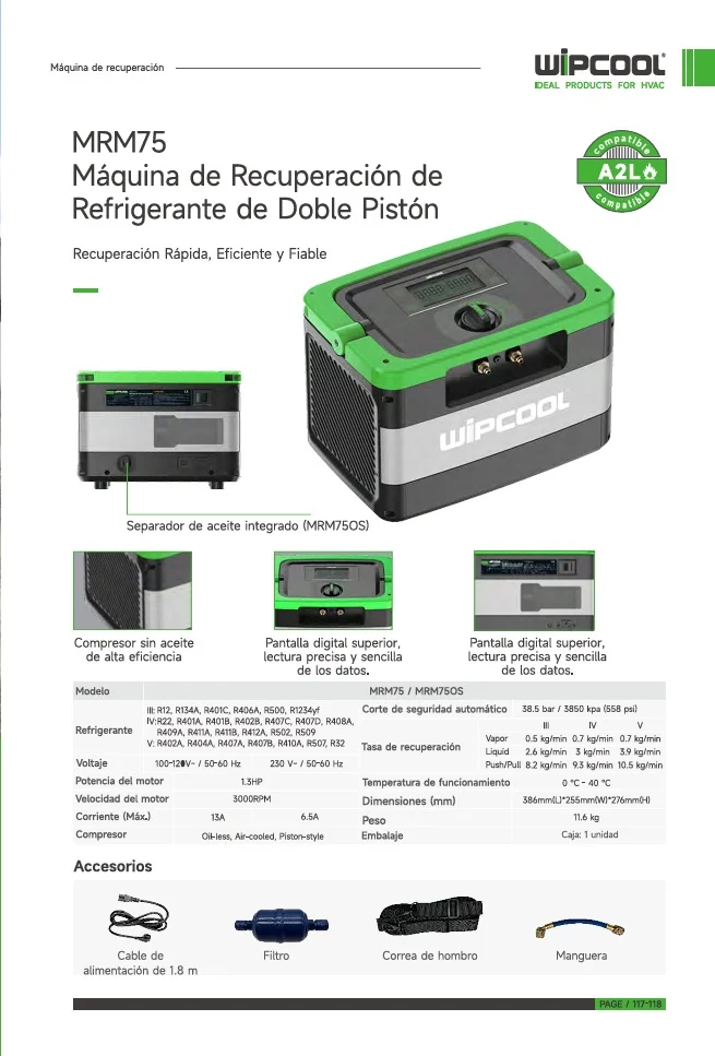 Máquina recuperadora refrigerante 1.3 HP con separador de aceite A2L/A3 110V MRM750S WIPCOOL