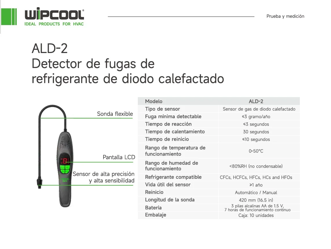 Detector de fuga de diodo calentado para refrigerantes halogenados e hidrocarburos ALD-2 WIPCOOL