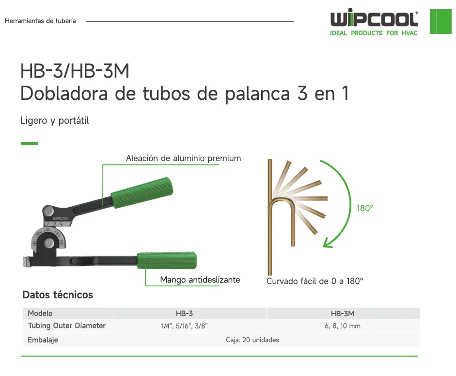 Dobla tubo palanca multiple 1/4 - 5/16 - 3/8 pulg 180 grados HB-3 WIPCOOL