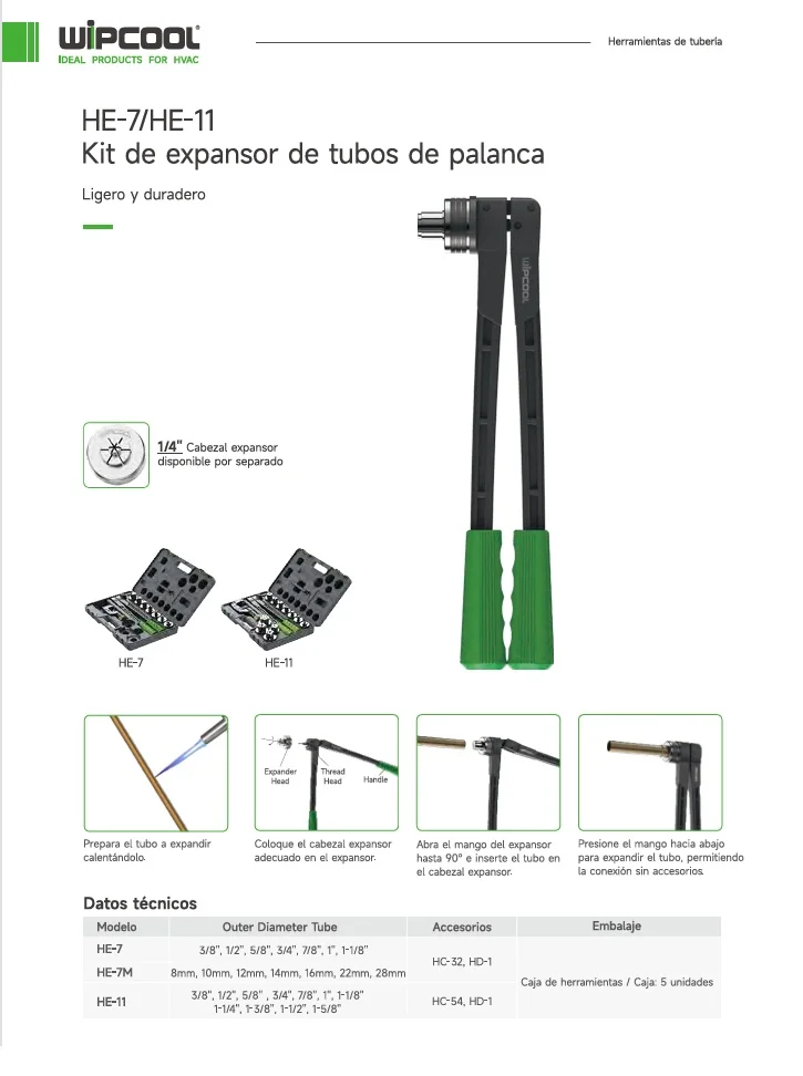 Expansor mecanico juego de 3/8 a 1-1/8 pulg HE-7 con cortatubo WIPCOOL