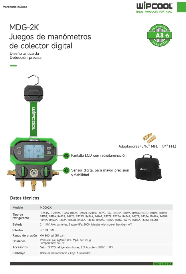 Manometro digital con bolso y mangueras 40+ refrigerantes MDG-2K WIPCOOL