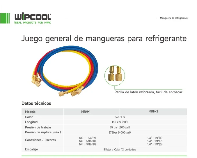 Set de mangueras para manometro 60 pulg 4.000 psi 1/4" x 1/4" MRH-2 WIPCOOL