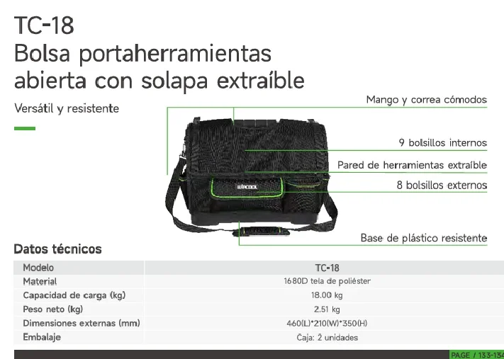 Bolso de herramientas abierto con base plastica y solapa 460x210x350mm TC-18 WIPCOOL