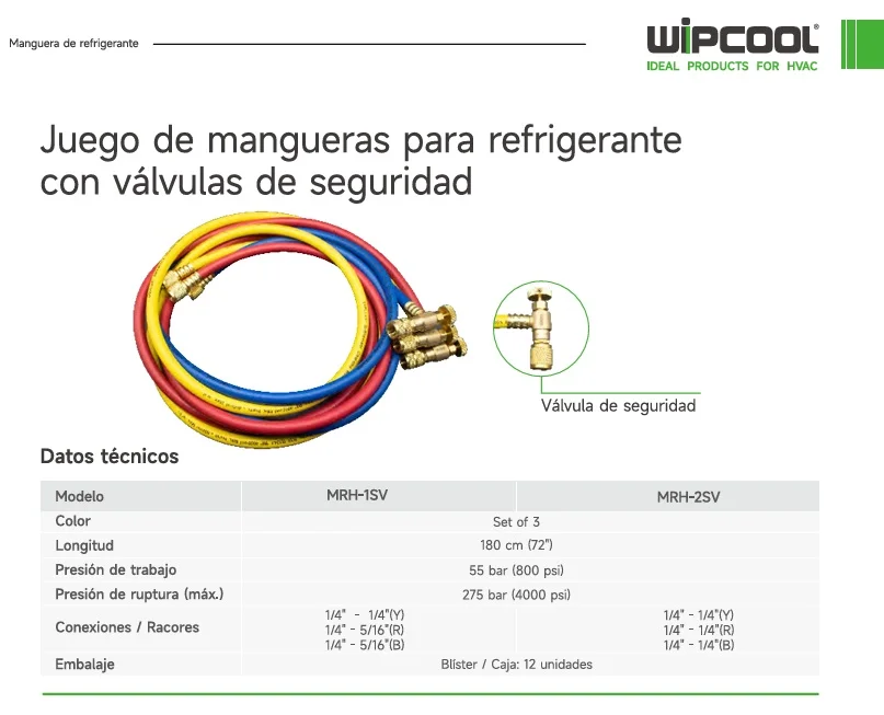 Set de mangueras con valvula de seguridad para manometro 60 pulg 4.000 psi 1/4" x 1/4"  MRH-2SV WIPCOOL