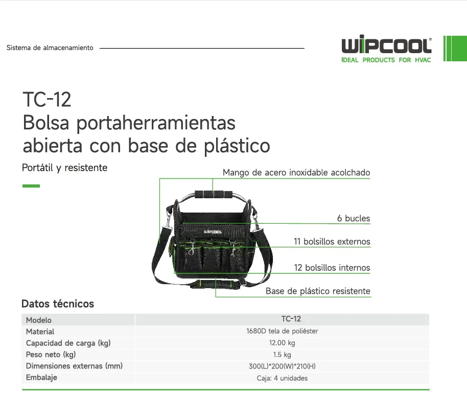 Bolso de herramientas abierto con base plastica 300x200x210mm TC-12 WIPCOOL