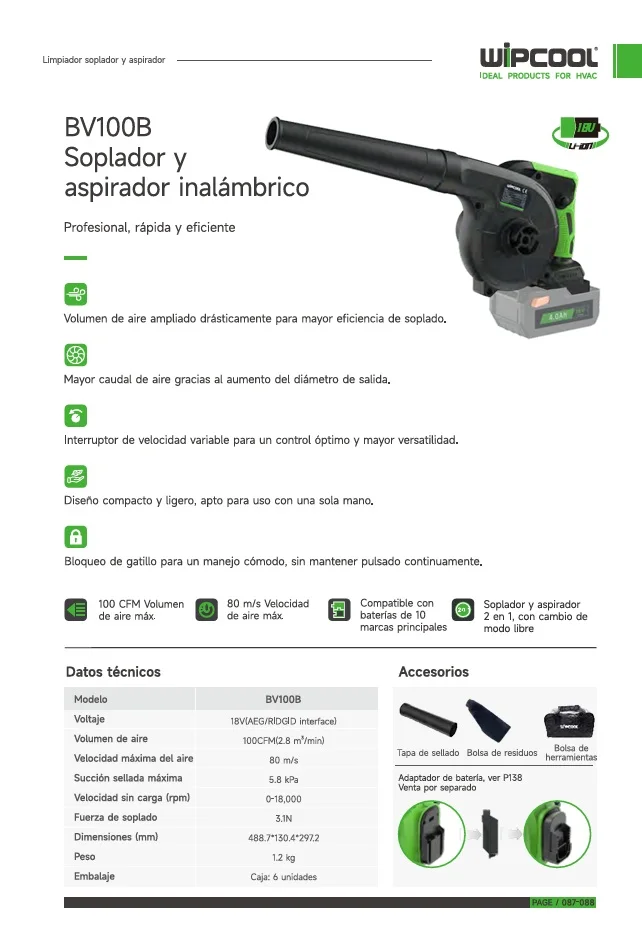 Sopladora 100CFM 18V BV100B sin bateria WIPCOOL