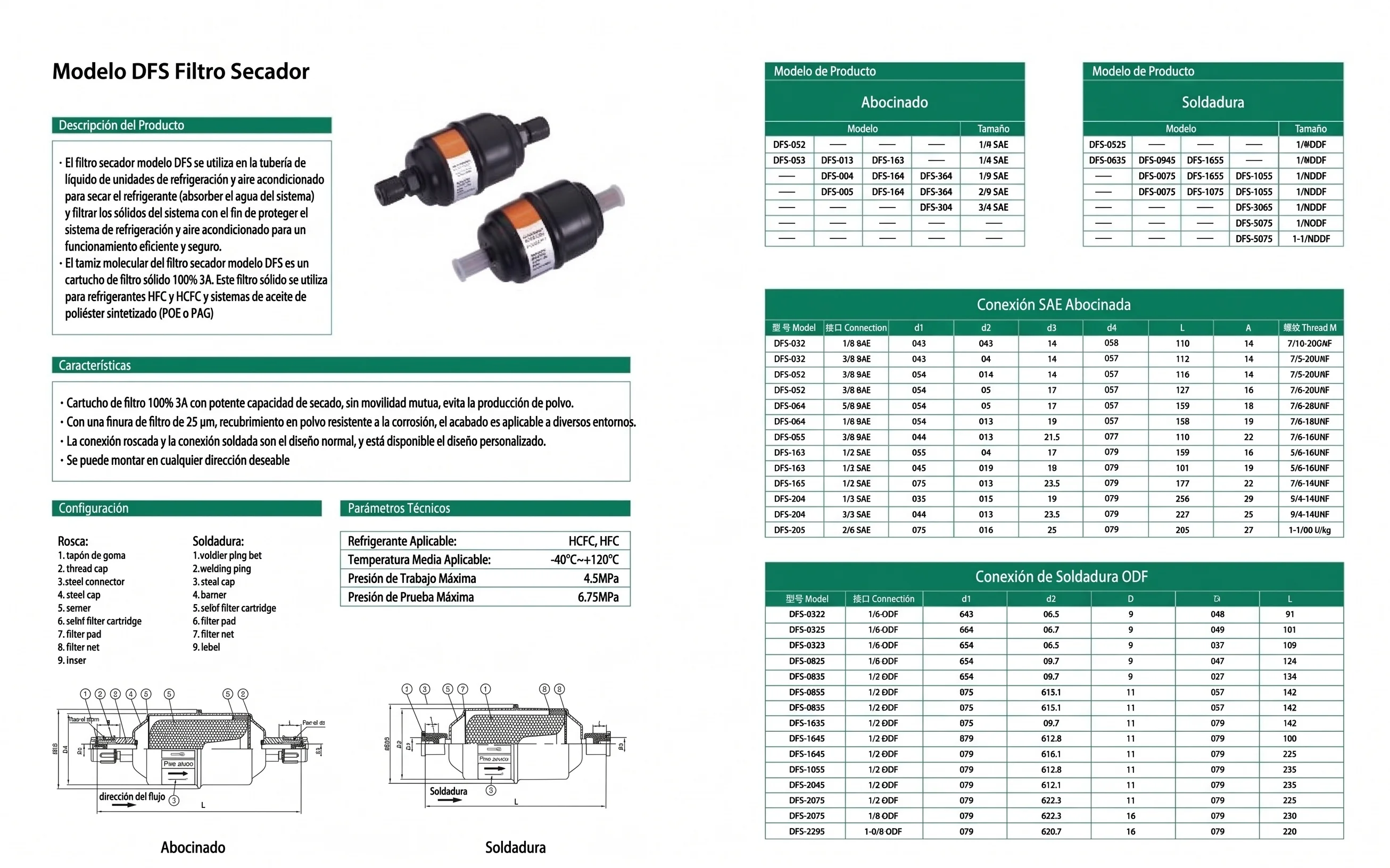 Filtro secador nucleo solido 1/4 pulg SAE DFS-032 HONGSEN