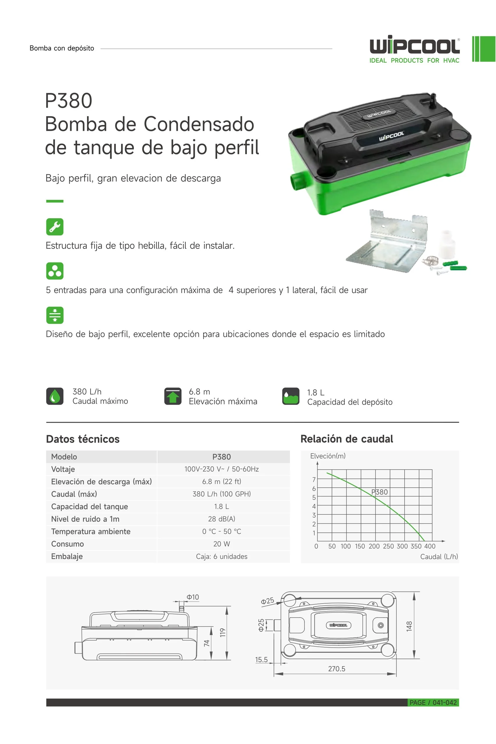 Bomba condensado P380 100-230V 60Hz hasta 500.000 BTU 380L WIPCOOL