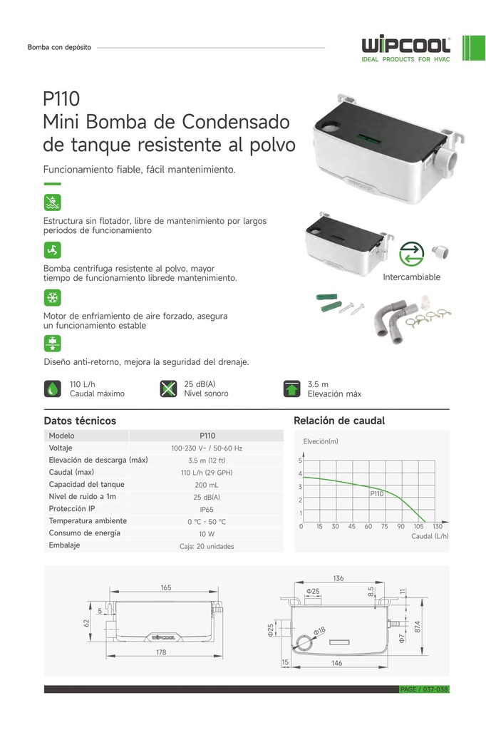 Bomba condensado P110 100-230V 60Hz hasta 150.000 BTU WIPCOOL