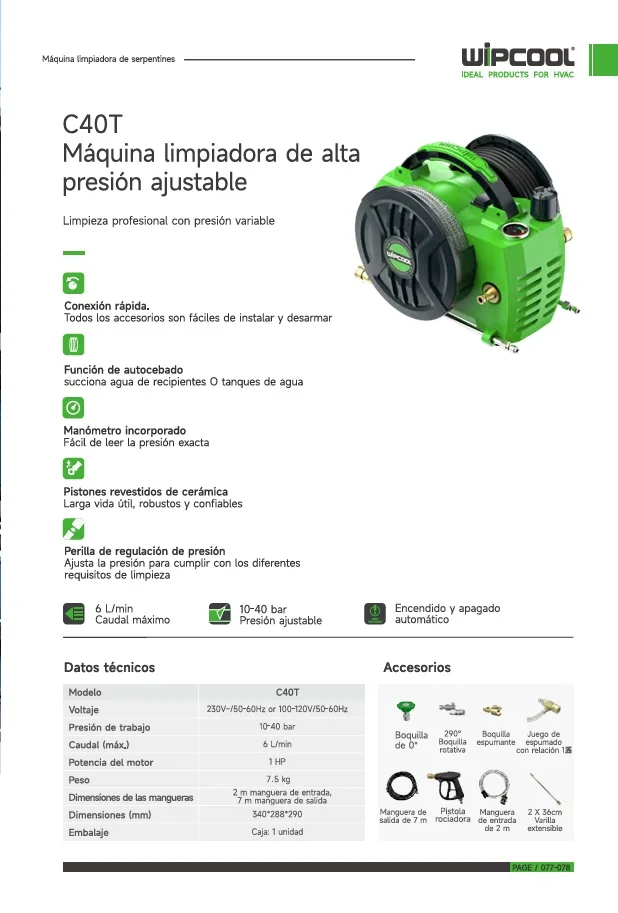Bomba hidrolimpiadora 10-40 bar 6L/m110V C40T WIPCOOL