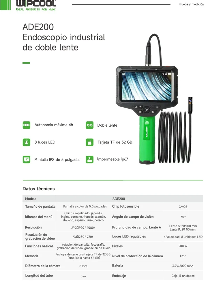 Endoscopio doble cámara pantalla 5" lente 8mm IP67 ADE200 WIPCOOL