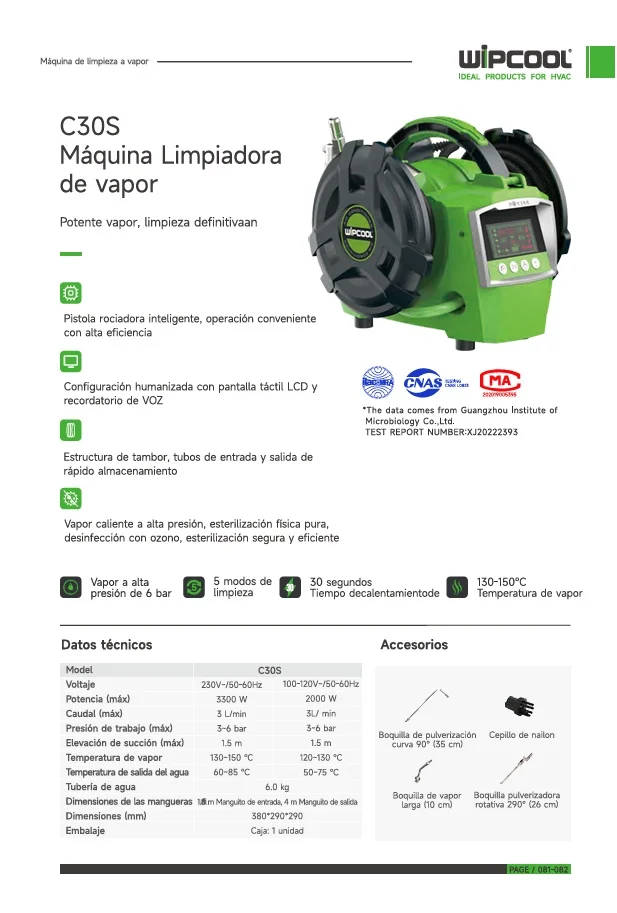 Bomba hidrolimpiadora vapor 3-6 bar 3L/m anti-bacterias C30S WIPCOOL
